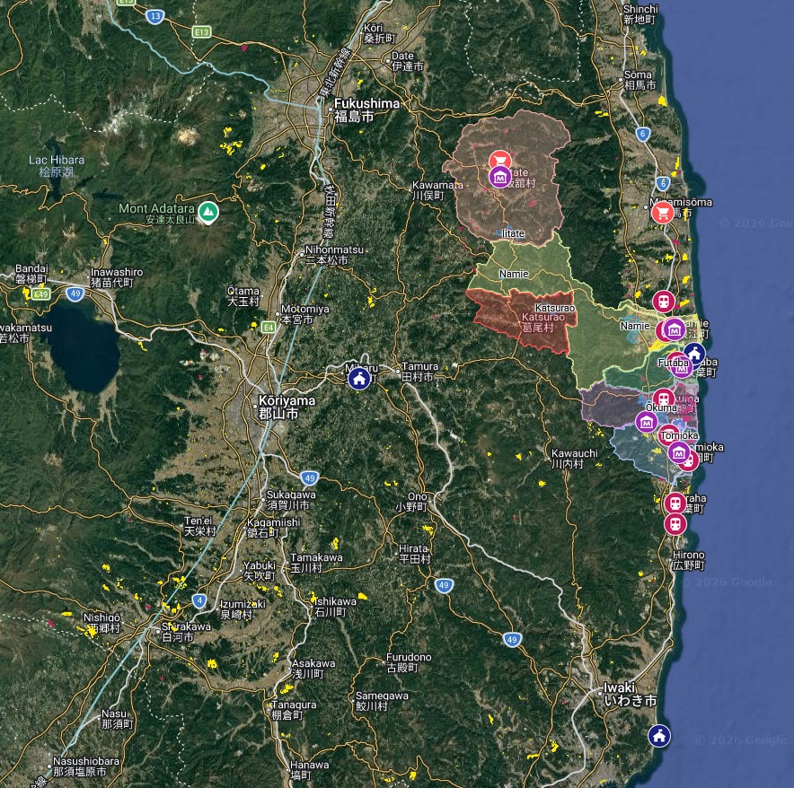Cartographie des panneaux solaires et des sites de stockage des déchets radioactifs liés à l'accident de la centrale nucléaire de Fukushima Daiichi en 2023
